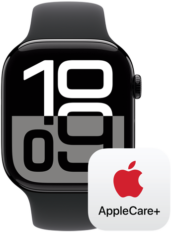 Apple Watch Series 10 bredvid en AppleCare+-logotyp som symboliserar försäkringen AppleCare+.