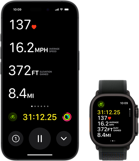 Liveaktivitet på en Ultra 2 och en iPhone som visar användarens statistik vid cykling